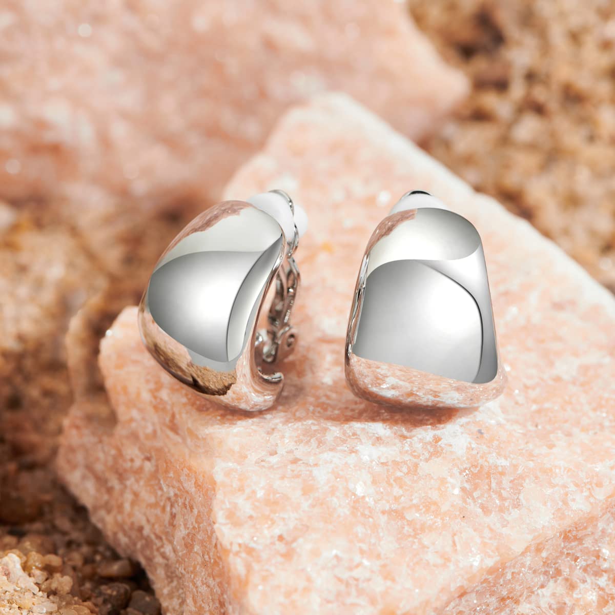 MUYAN Silver Dainty Wide Half Hoop Clip On Earrings for Women Small Chunky Thick Hoop Earrings Lightweight Jewelry
