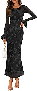 ZESICA Women's 2026 Bell Long Sleeve Floral Maxi Dress Spring Fashion Bodycon Mesh Wedding Guest Cocktail Party Dresses