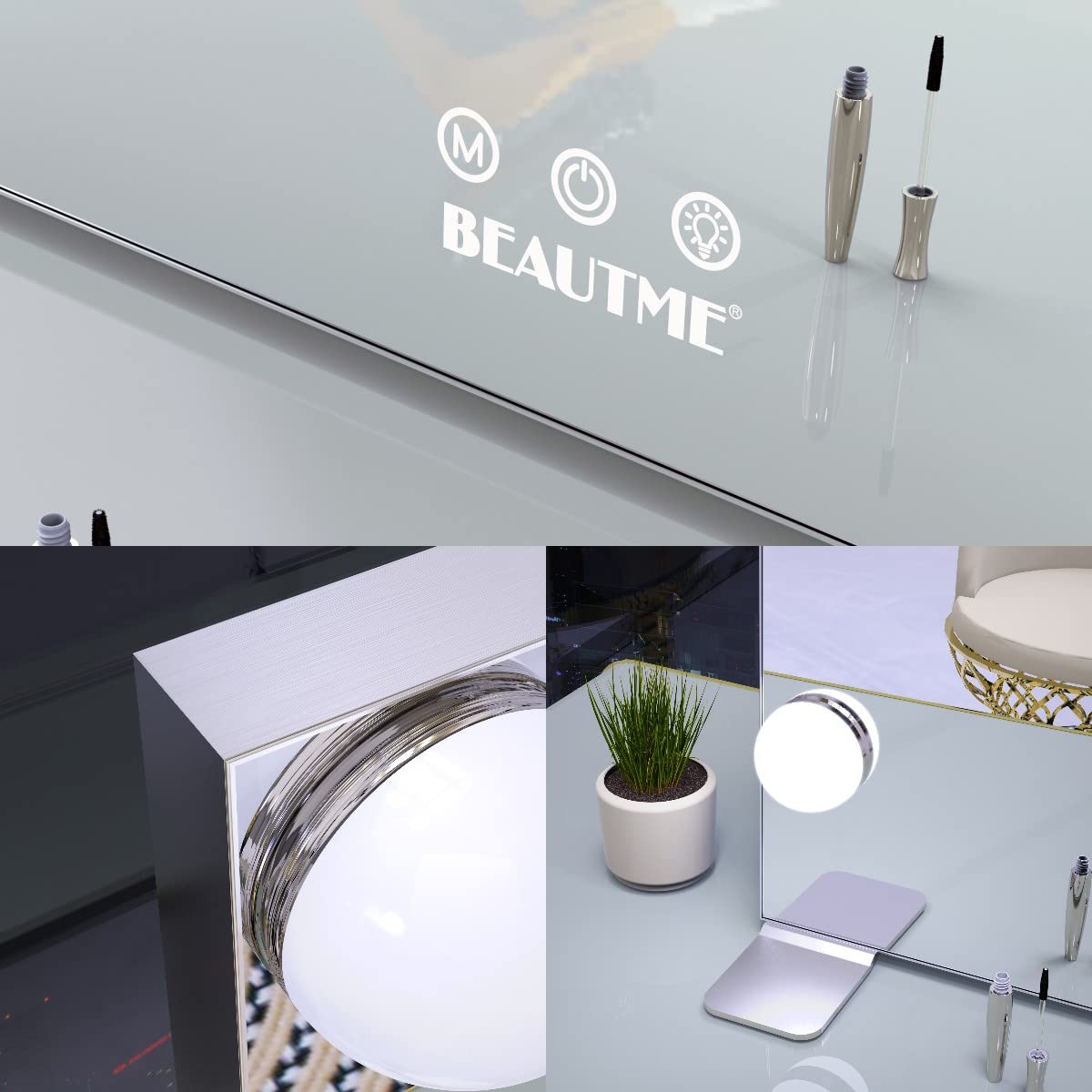 BEAUTME Hollywood Makeup Mirror,Vanity Mirror with Lights, LED Mirrors, Tabletop or Wall-Mounted Mirror with 16 Dimming LED Bulbs, Silver(911×180×616mm)