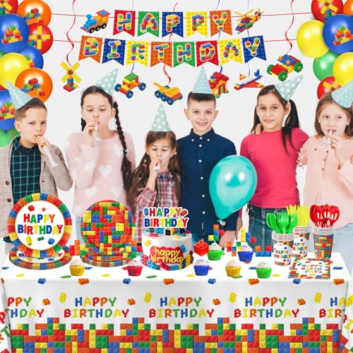 173 PCS Building Block Birthday Party Decorations - Plates, Napkins, Cups, Cutlery, Cake & Cupcake Toppers, Banner, Hangin...