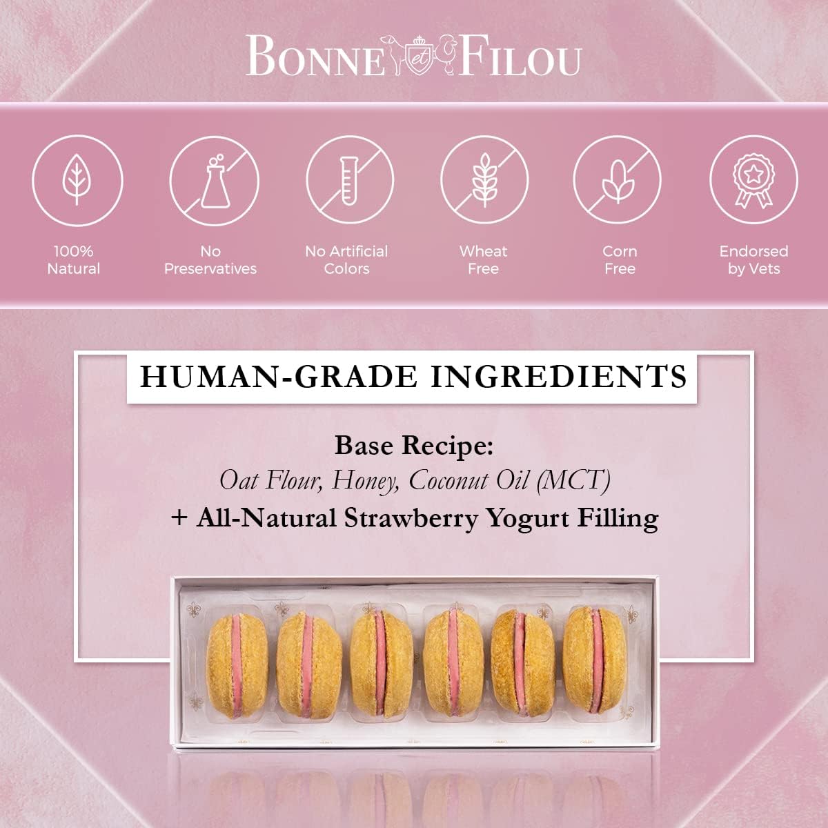 Bonne et Filou Dog Treats Strawberry Cupcakes, Dog Birthday Gift for Medium to Large Breed – Gourmet Macaron Cakes, Healthy & Delicious Human Grade Snacks – 6 Count