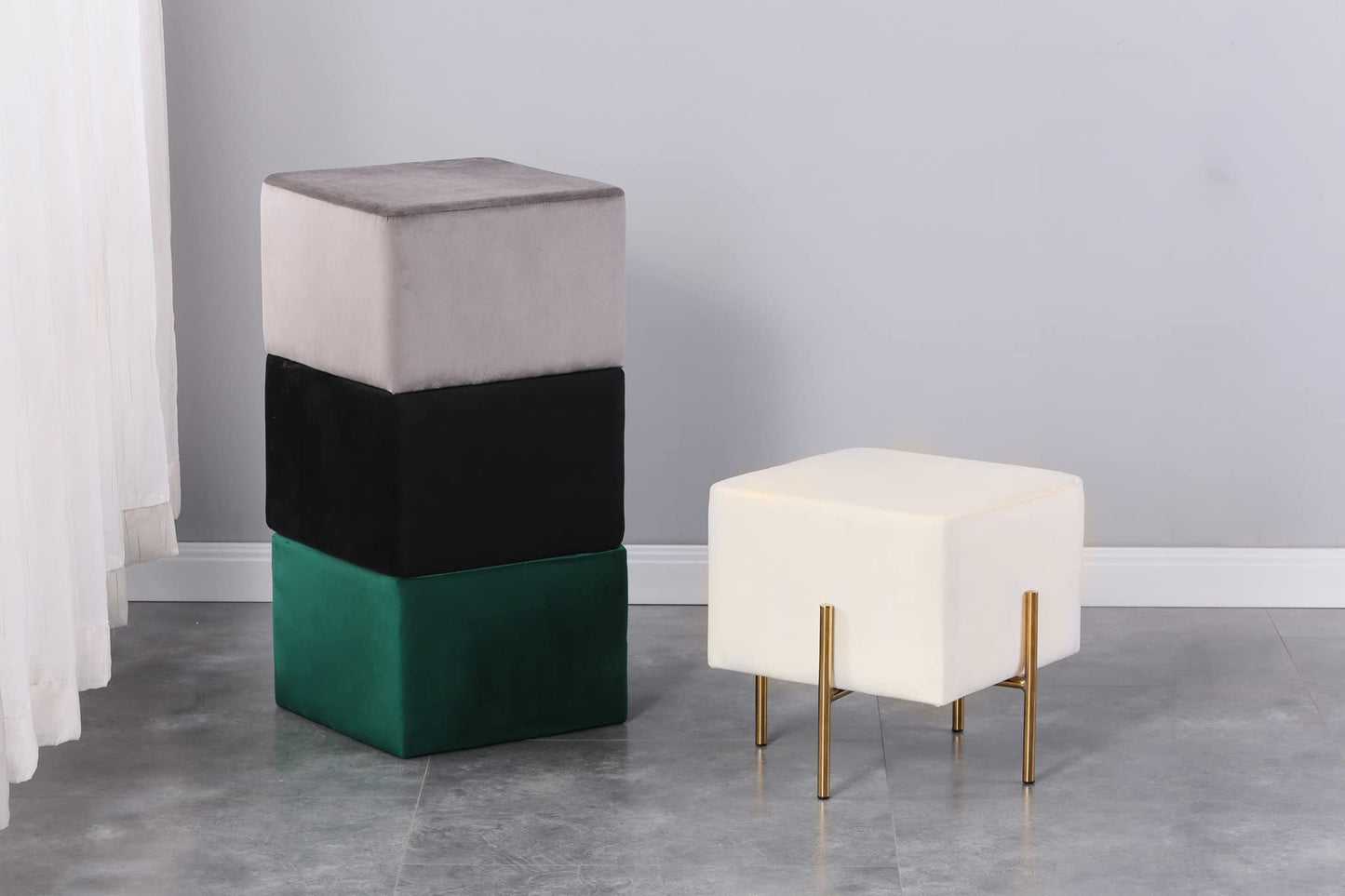 Kirpi Velvet Ottoman Set of 2, Cream Modern Gold Vanity Stool Square, Contemporary Foot Stool Ottoman, Upholstered Cube Foot Rest with Gold Metal Legs