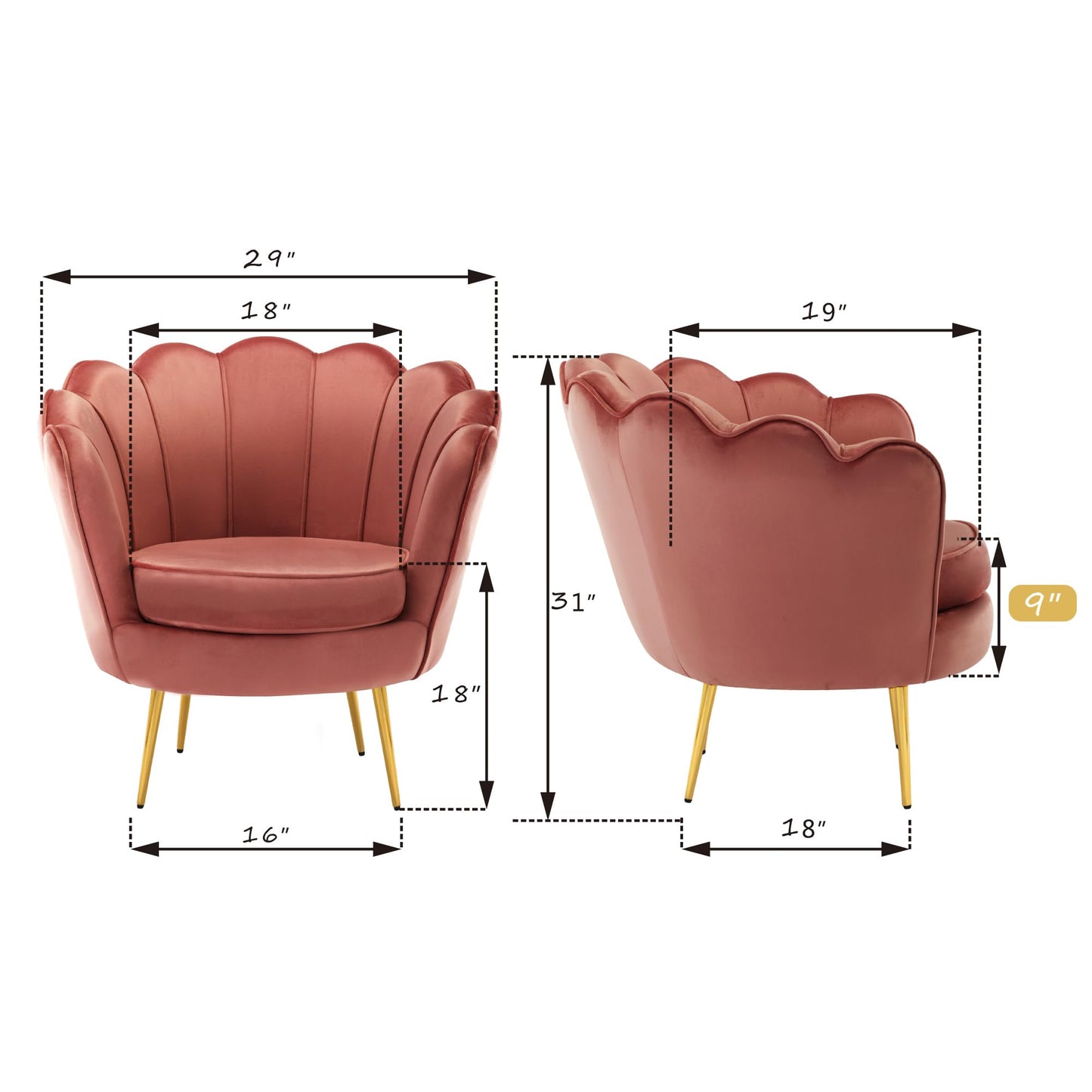DAGONHIL Mid Century Modern Upholstered Accent Chair,Petal Vanity Chair,Retro Leisure Velvet Single Sofa with Golden Metal Legs for Living Room/Bedroom/Makeup Room, Rose Pink