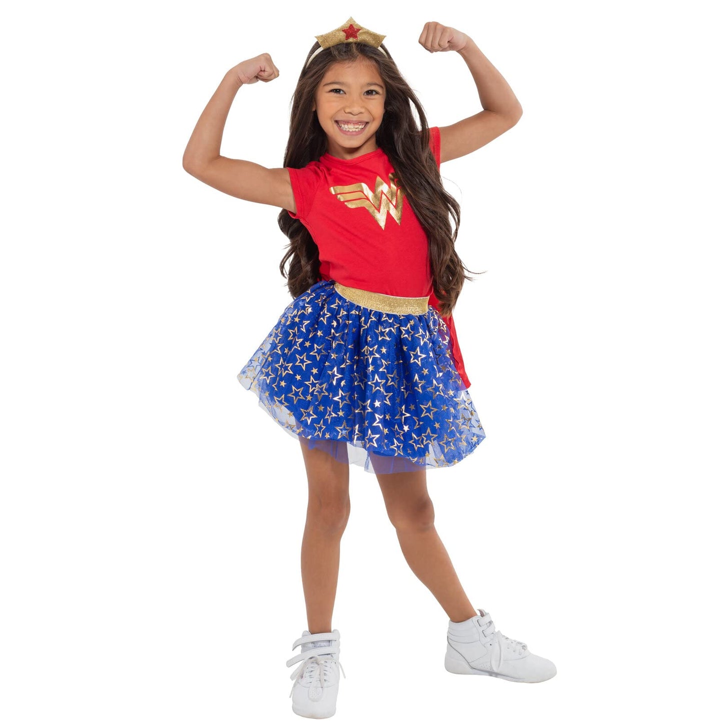 DC Comics Justice League Wonder Woman Little Girls 4 Piece Costume Set: T-Shirt Skirt Headband Cape Red 6