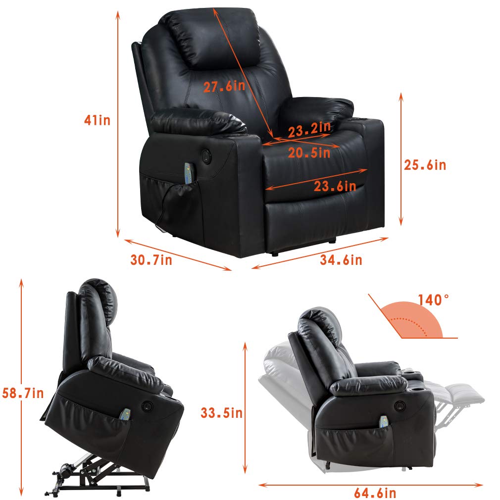BestMassage Electric Power Lift Chair Recliner Sofa for Elderly Massage Chair, Adjustable Furniture with Vibration Massage and Lumbar Heated,Remote Control,USB Ports for Living Room (Black, Leather)