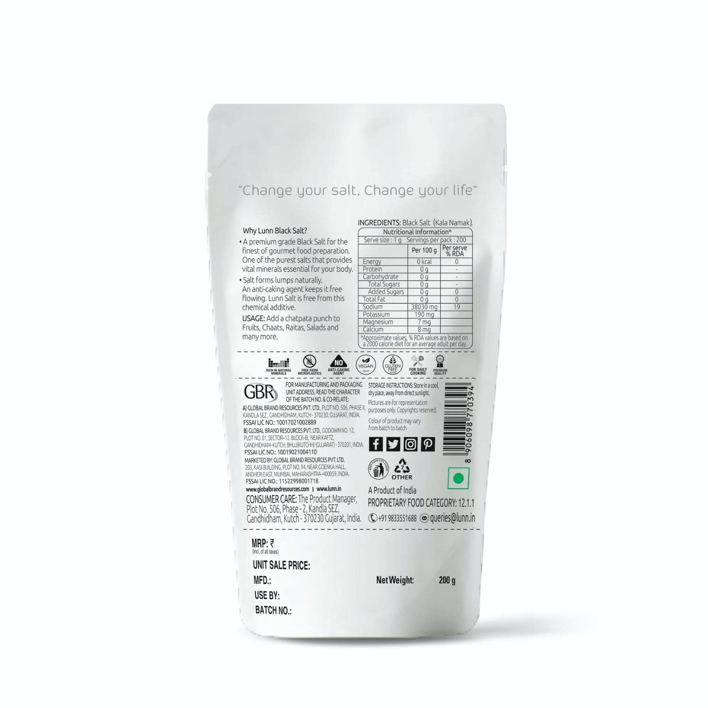 LUNN Natural Crystals Black Salt (Kala Namak) | 7.05 Oz (200 Gm) | Rich in Minerals, Pure Unrefined Salt | NON-GMO | Gluten Free, Vegan