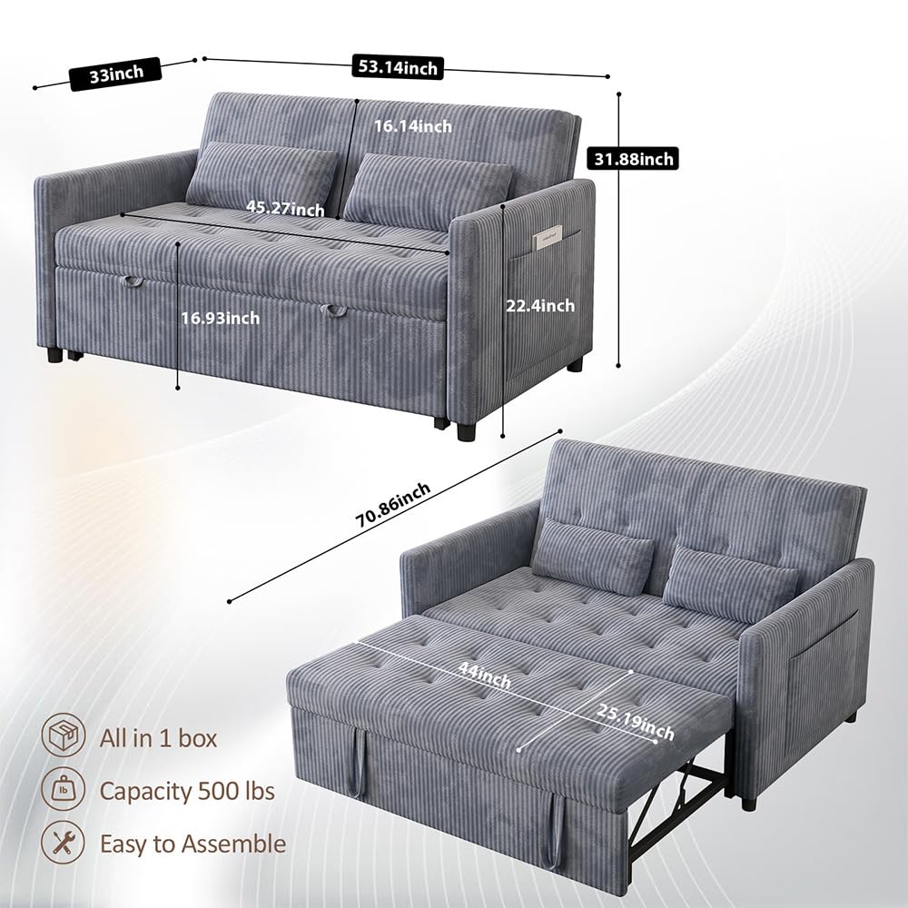 UXENAFANA Sofa Bed, Loveseat 3-in-1 Sleeper Sofa with Pull Out Bed, Pockets and USB, Modern 2 Seater Convertible Small Couch for Living Room Bedroom Apartment (Gray, Corduroy)