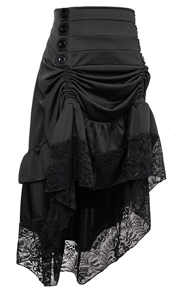 Charmian Women's Steampunk Victorian Gothic High Waist Lace Trim Ruffled High Low Bustle Skirt Black Small