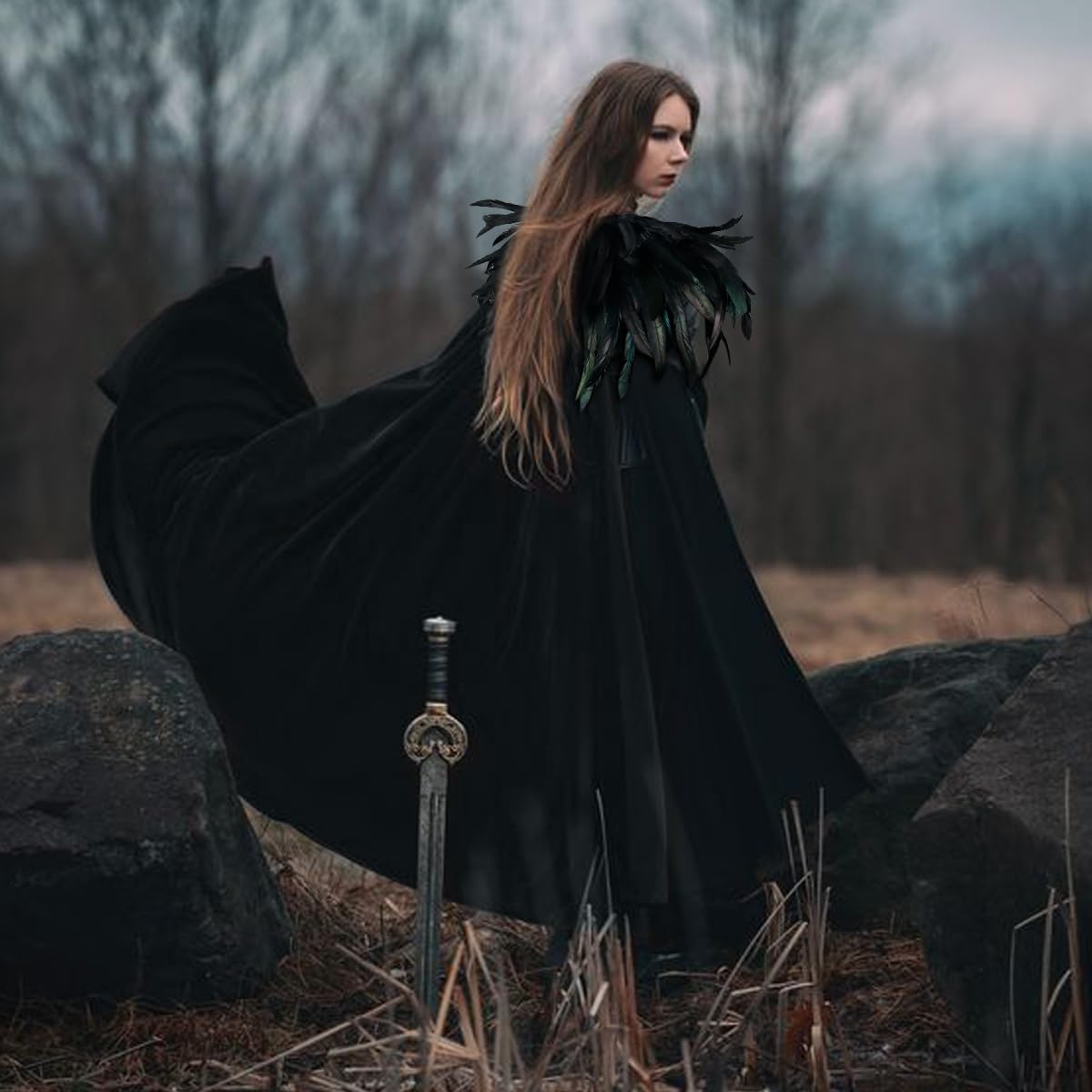 Joukavor Women Men Velvet Cape with Natural Gothic Feather Shawl Cape for Halloween (Black)