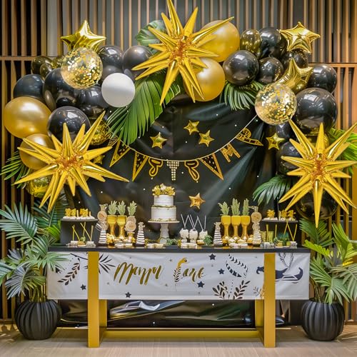 RUBFAC 140pcs Black and Gold Balloons, Black Metallic Gold Confetti Star Latex Balloons 5 10 12 18 Inch for 2026 New Year ...