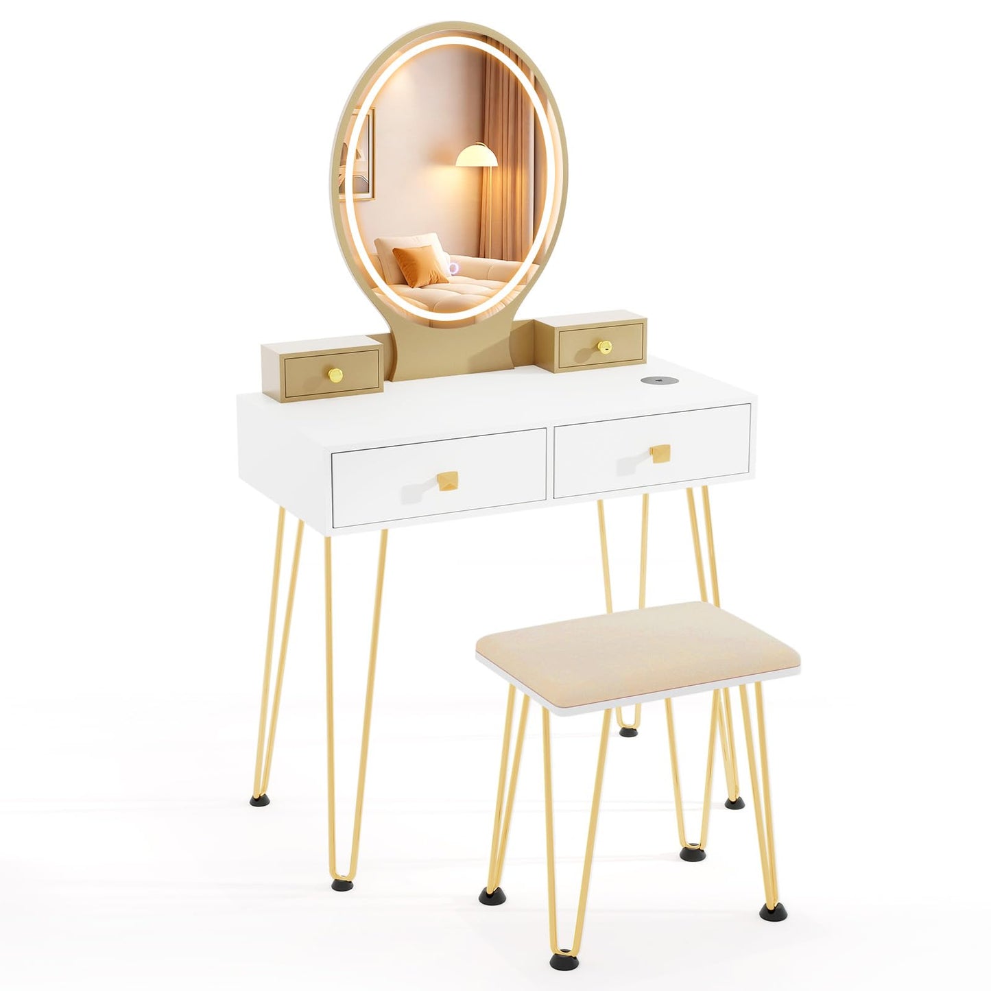 CHARMAID Vanity Desk with Mirror and Lights, White Makeup Vanity Table with 4 Drawers, Charging Station, 3-Color Lighted Mirror, Modern Girls Dressing Table with Stool for Small Bedroom
