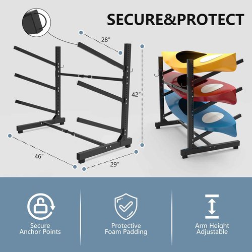 Freestanding Kayak Stand,One-Sided Kayak and Canoe Rack,Heavy Duty Adjustable Kayak Storage Rack,Sup Outdoor Storage Rack,Weatherproof Stand for Indoor, Garage, Shed, Dock Kayak Storage (3 Levels)