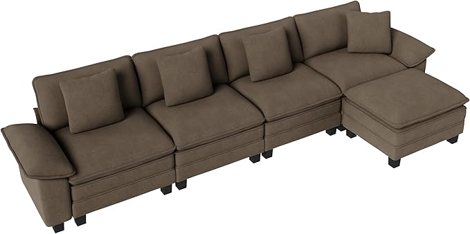 PHI VILLA Cloud Modular Couch Sets, 157.5" Sectional Sofa with L-Shaped Chaise, 5-Seater Upholstered Couches with Movable Ottoman for Living Room, Chenille Fabric, Taupe