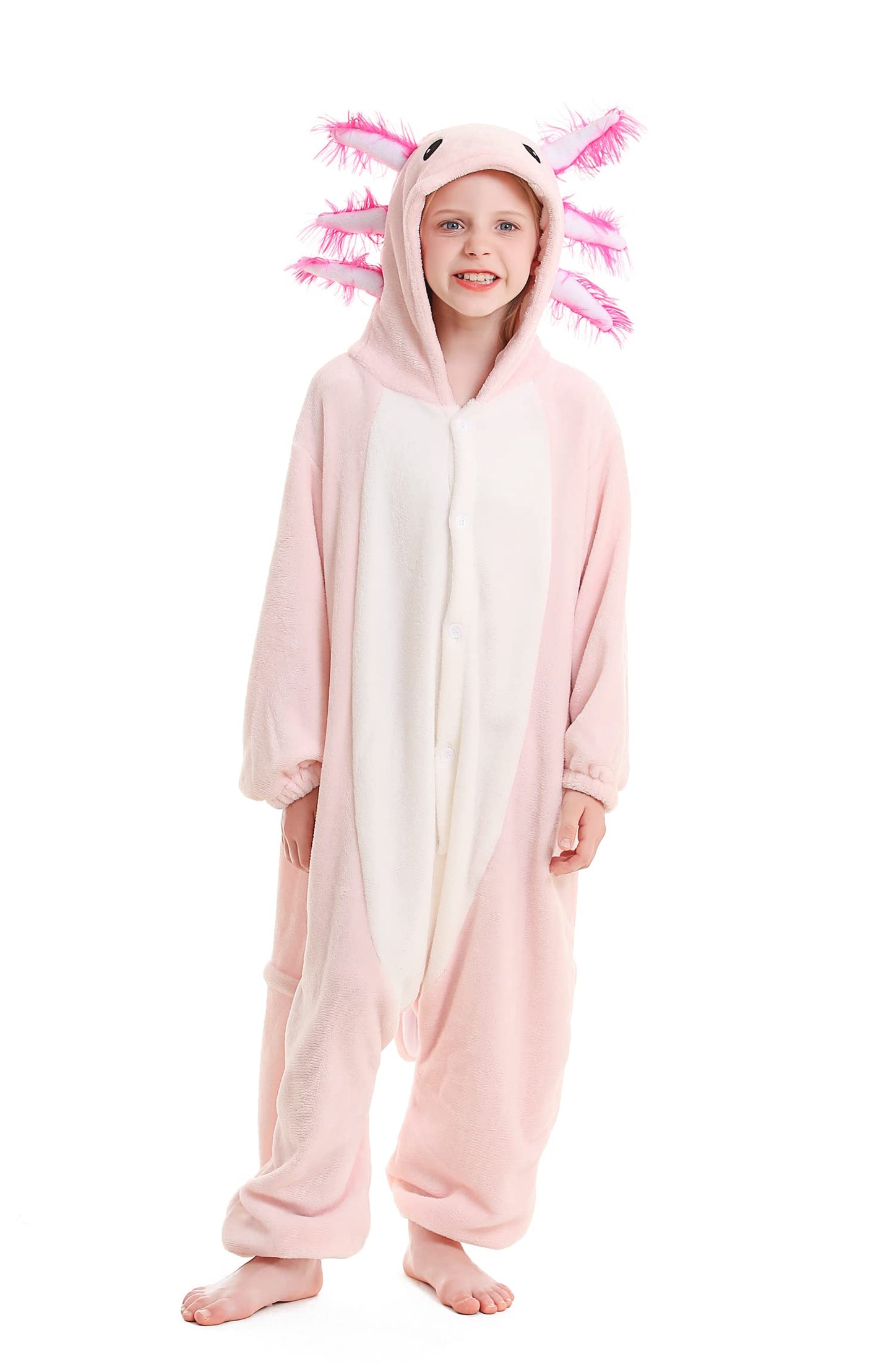 ATOZ Onesie for Kids, Animal Pajamas Halloween Cosplay Costume for Girls Boys, Pink Axolotl 8-9Y