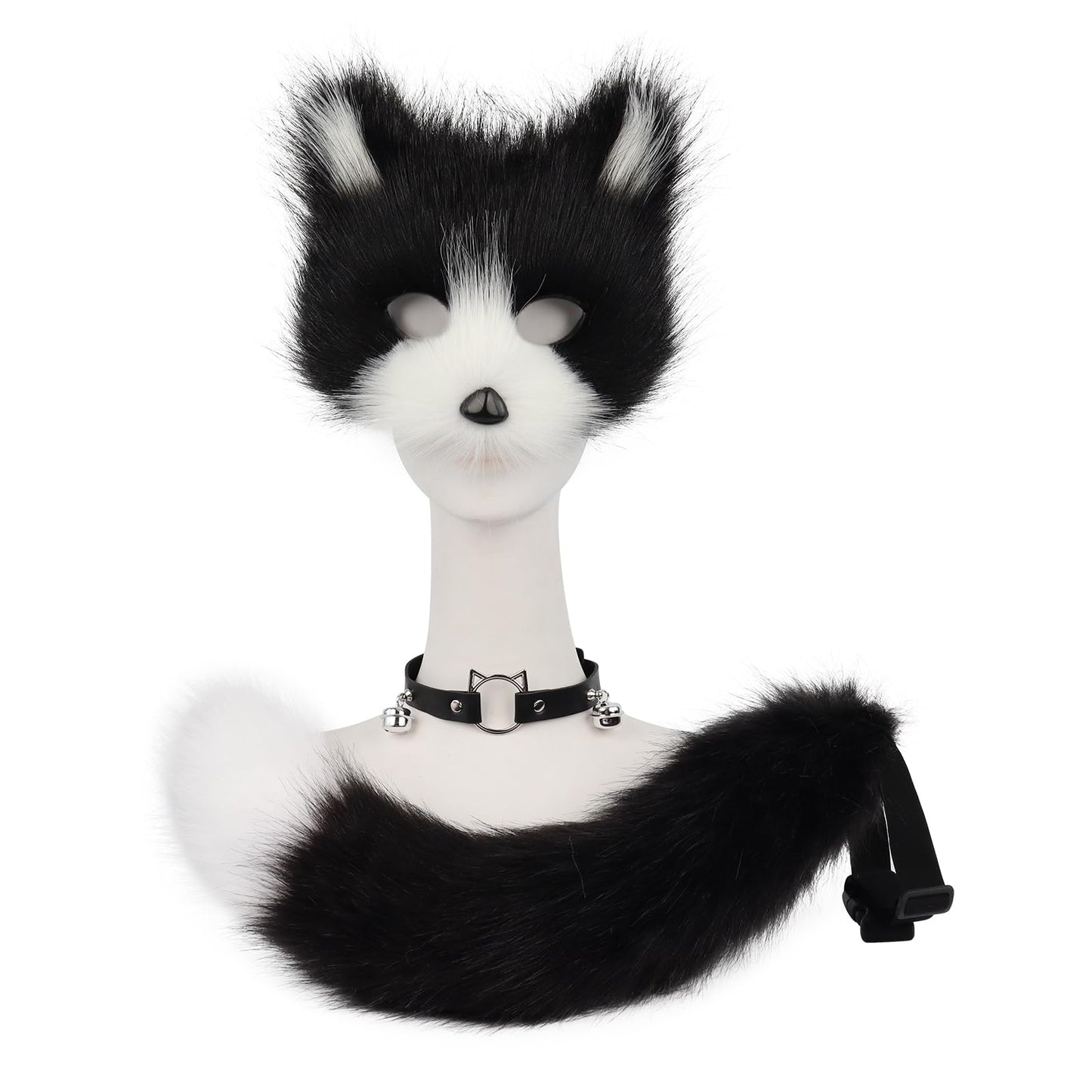 hbbhml Faux Fur Fox Mask Wolf Cat Fluffy Tail and Leather Necklace Set Halloween Party Cosplay Costume Accessory