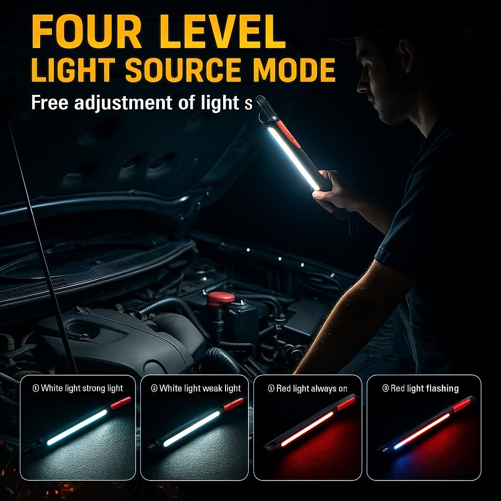 2026 Magnetic Rechargeable LED Work Light Bar, Under Hood Mechanic Light for Car Repair, Garage, Shop & Detailing, Portable Cordless Trouble Light with Strong Magnet & Hanging Hook (1 Pack)