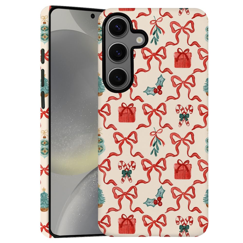 TnXee Case for Samsung Galaxy S24 FE,Red Green Christmas Tree Scroll Bow Phone Case Drop Resistant Frosted 2 in 1 Solid Dual-Lay