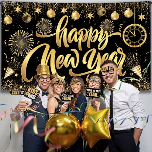 KatchOn, New Years Eve Party Supplies 2026 Set - Pack of 48 | Black and Gold Happy New Year Banner, New Year Photo Booth P...