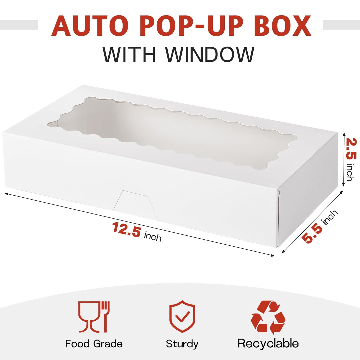 ZORRITA 30 Pack Auto Pop-up Cookie Boxes with Window, 12.5" x 5.5" x 2.5" White Bakery Boxes Treat Boxes for Chocolate Covered Strawberries, Cake Pops, Donuts, Cocoa Bombs, Sugar Cookies, Pastries