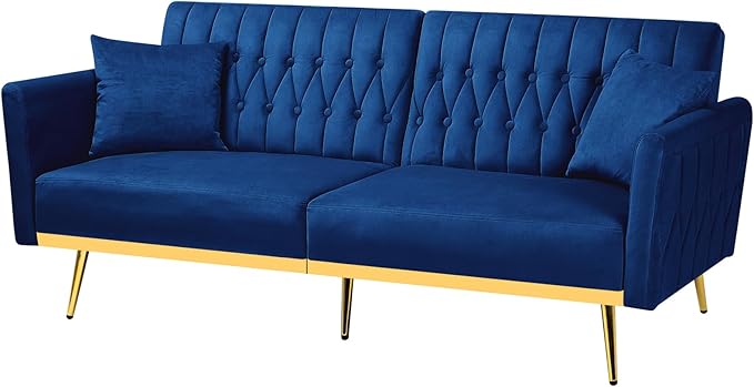 ACMEASE 70” Velvet Futon Sofa Bed w/Adjustable Armrests and Backrest, Convertible Futon Couch w/2 Pillows, Modern Sleeper Bed for Living Room, Bedroom, Blue
