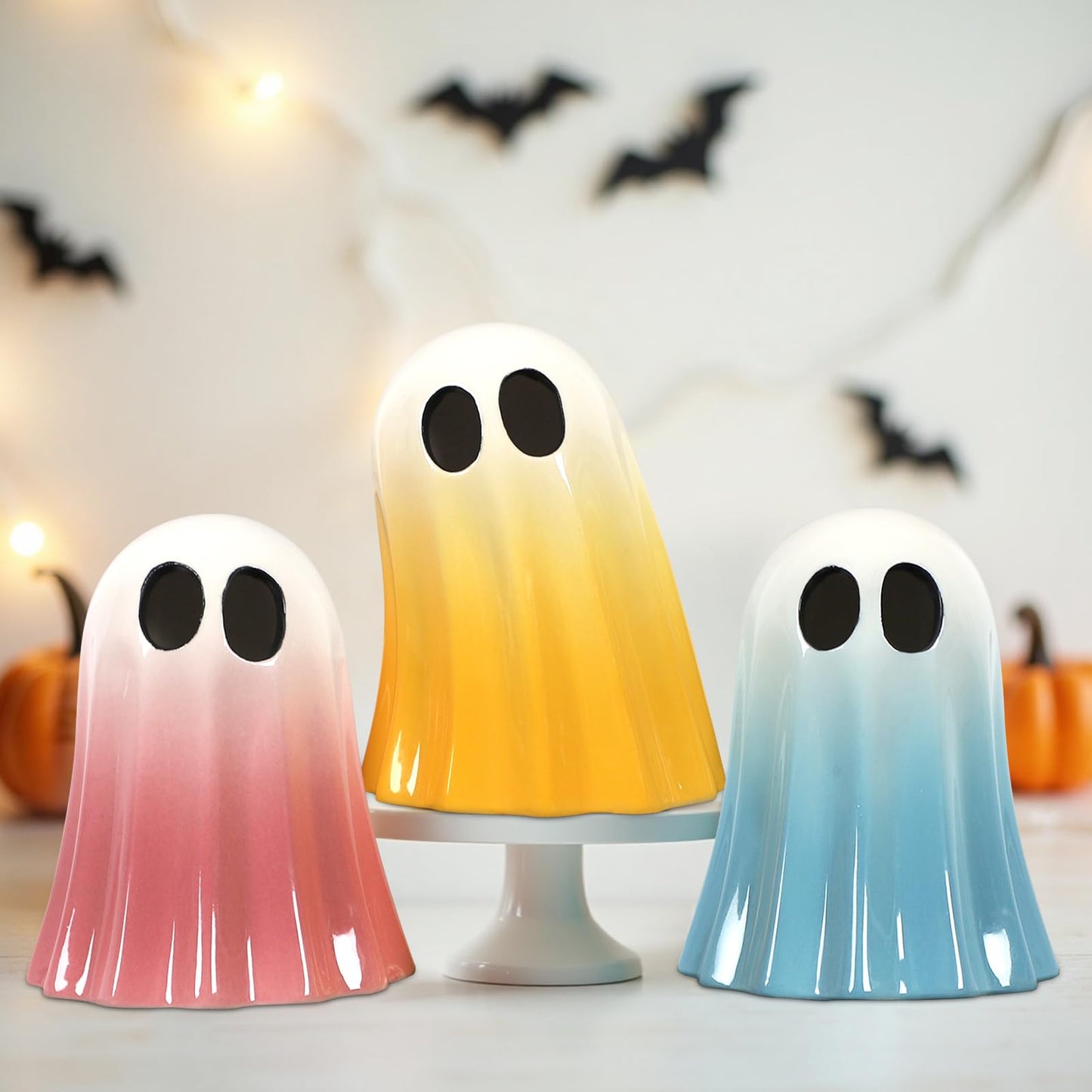 DAZONGE Halloween Ghost Decorations Indoor, Set of 3 Ceramic Spooky Figurines for Indoor Tabletop, Shelf, and Mantel Display