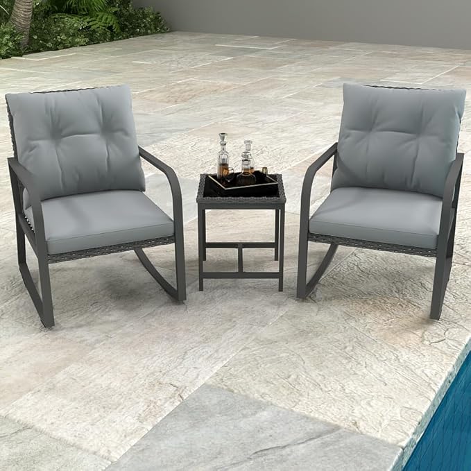 HLNPTN 3 Piece Rocking Bistro Patio Set, Outdoor Rocking Chair, Outdoor Bistro Sets Wicker Patio Furniture Rocking Chairs Sectional Couch with Tempered Glass Top Coffee Table & Cushions, Grey