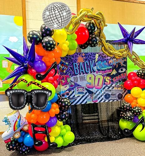 90s 80s Disco Theme Party Decorations, 171Pcs Balloon Arch Kit with Retro Disco Ball Radio Glasses Roller Skate Musical No...