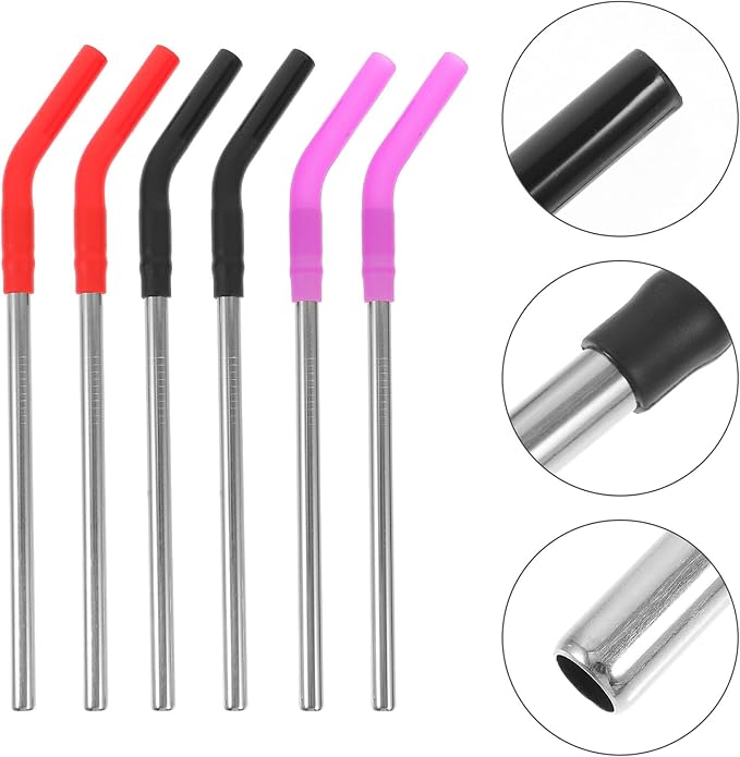 DECHOUS 6Pcs Reusable Metal Drinking Straws with Silicone Tips Stainless Steel Straws in Red Black Purple for Cold and Hot Beverages