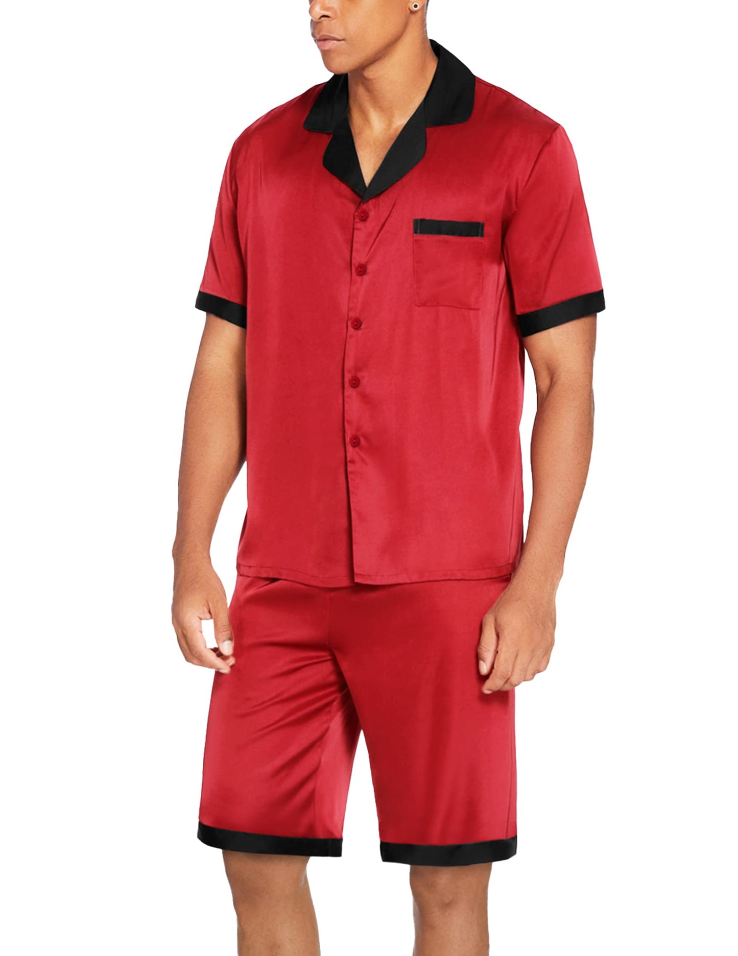 Ekouaer Men Satin Silk Pajamas Set with Pockets Sleepwear Shorts Satin Summer Loungewear 2 Piece Button Down Set S-3XL