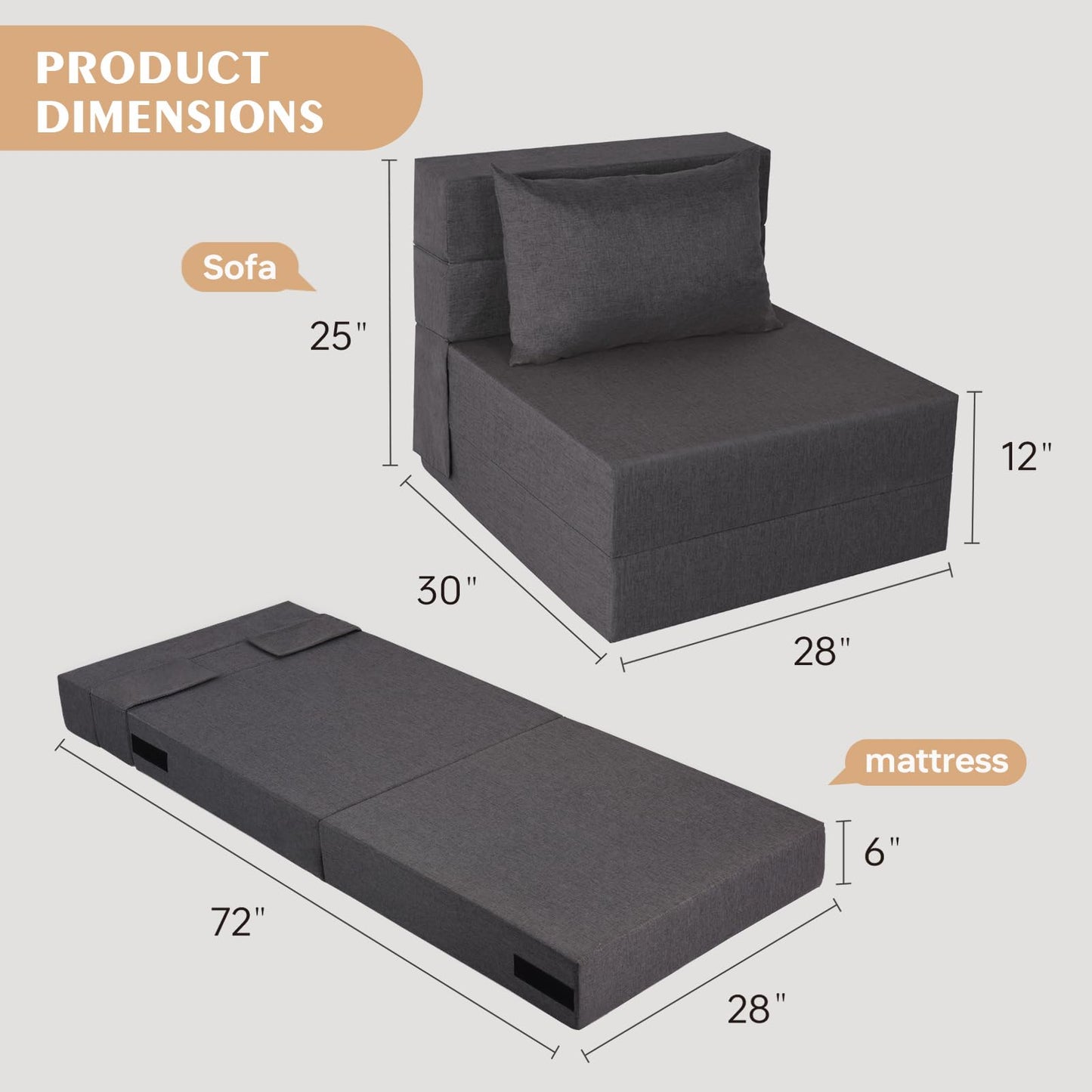 Fvkind Folding Sofa Bed, Foldable Sleeper Chair with Pillow, Convertible Futon Sofa Bed with Washable Cover, Fold Out Couch for Living Room, Dorm, Guest Room, Single Size, Dark Grey