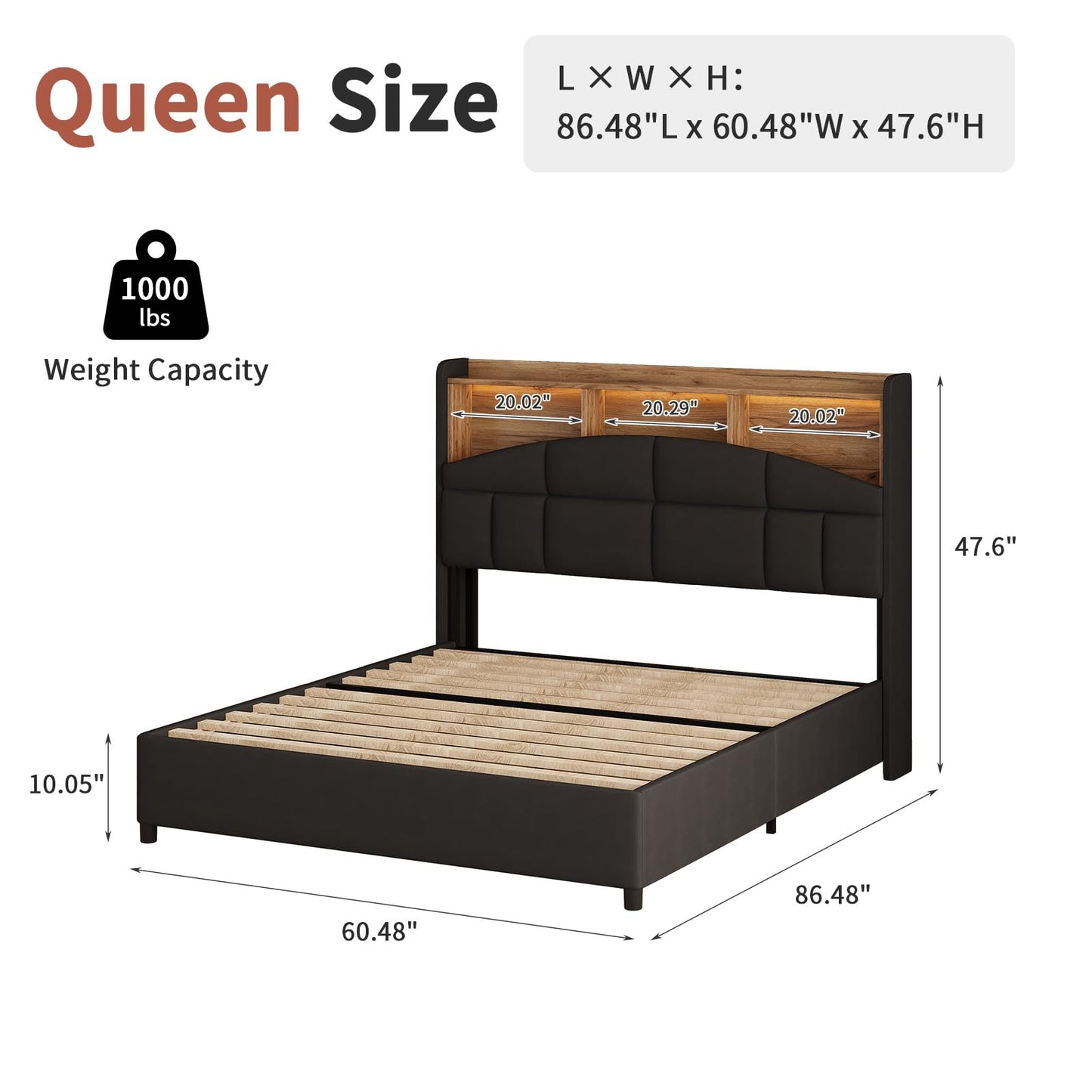 REVOMINCA Queen Bed Frame with Headboard and LED Lights, Velvet Upholstered Bed Frame with Wooden Slats Support, No Box Spring Needed, No Noise, Black