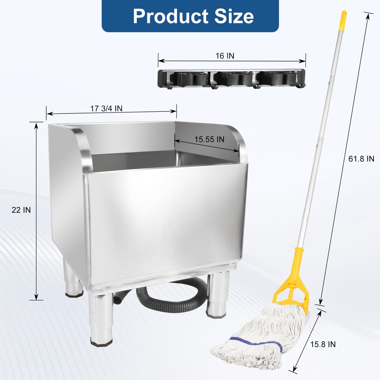 17 3/4in Stainless Steel Floor Mop Sink with Detachable Mop, Suitable for Laundry Rooms, Restaurants, Garages, Balconies, and Other Commercial Settings (17.7“L x 15.5”W x 21.9" H)