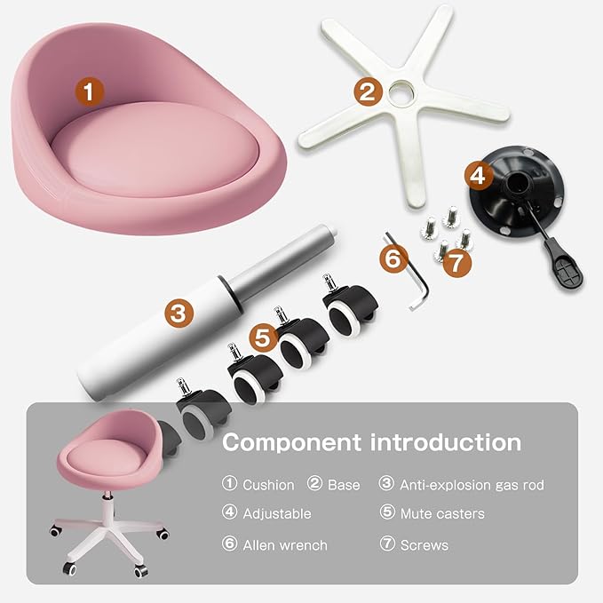Walktory Round Rolling Stool with PU Leather Low Backrest, Hydraulic Height-Adjustable Swivel Chair for Spa, Salon, Tattoo, Massage, or Medical Office