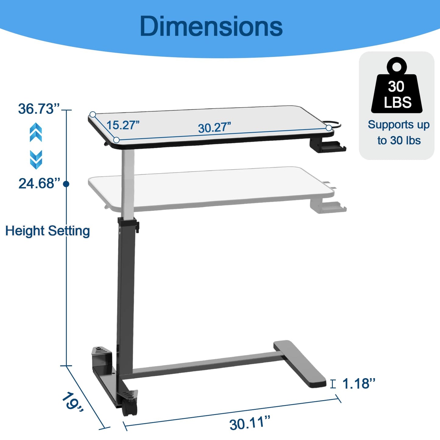 Loyoda Adjustable Overbed Table with Invisible and Lockable Wheels ,Bedside Table with Cup Holder,Standing Desk for Medical or Home use Silver-Grey Color(30.3" W x 15.3" D)