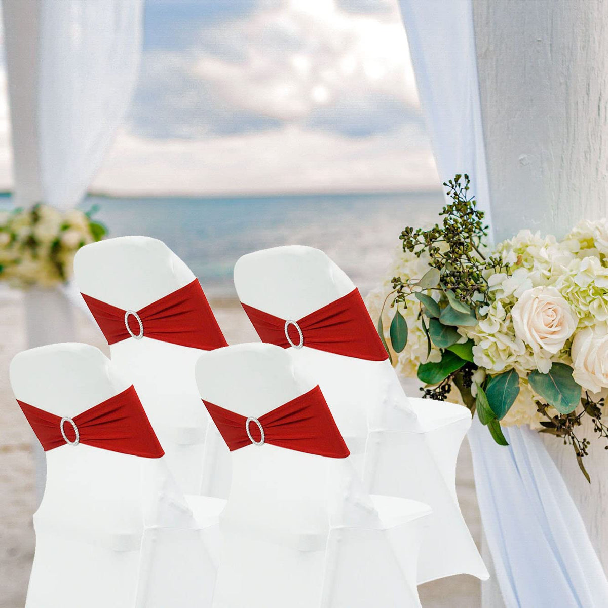 Maiangel Spandex Chair Sashes Bands 50PCS Stretch Chair Ties Bows with Buckle Slider for Wedding Party Banquet Decoration (Red)…