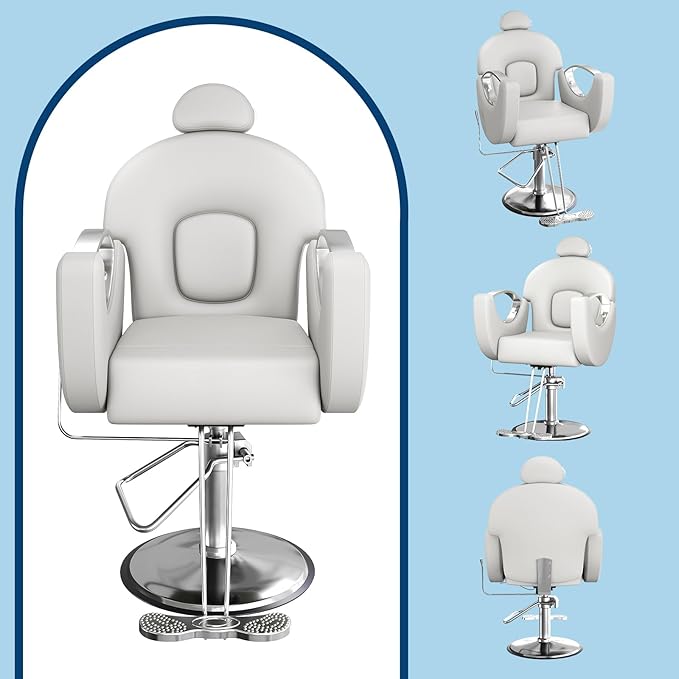 Barber Salon Chair, Reclining Salon Chair with Heavy Duty Hydraulic Pump, 360° Swivel and Height Adjustable, 330 LBS Capacity Spa Beauty Equipment Hairdresser Armchair for Barbershop- Grey & Silver