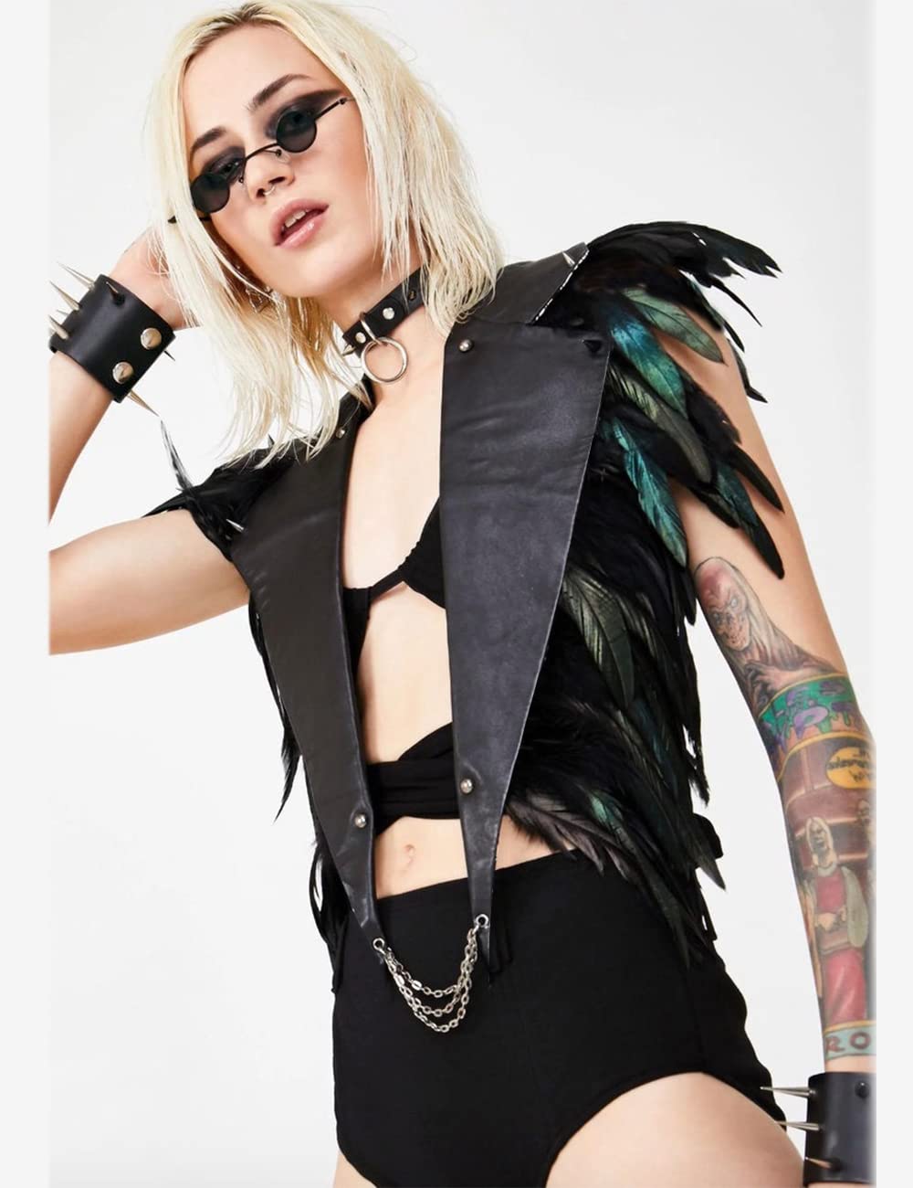 L'VOW Real Black Feather Cape with Metal Chain PU Leather Gothic Shawl Shrug Halloween Costume for Women and Men(Black)