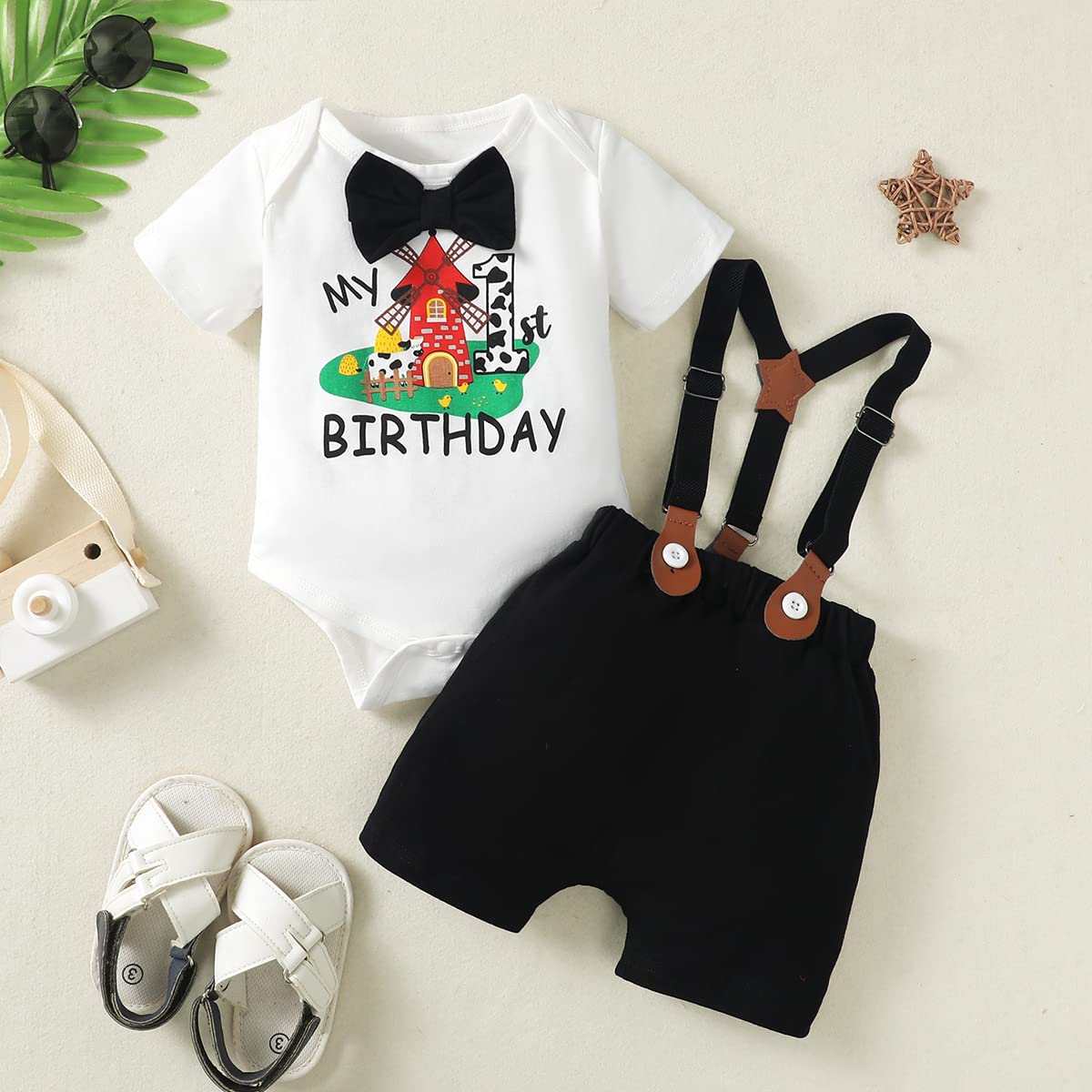 Farm Boy 1st Birthday Outfit - Boy's Black Short, 12-18 Months