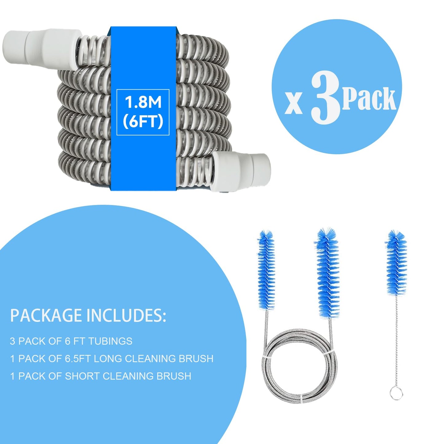 3 PACK 6 Foot Hoses Replacements for CPAP Suppliers, Tubing Replacements Fits for Resmed Airsense 10, 11 and Most of CPAP, APAP Machine/Mask with Cleaning Brush