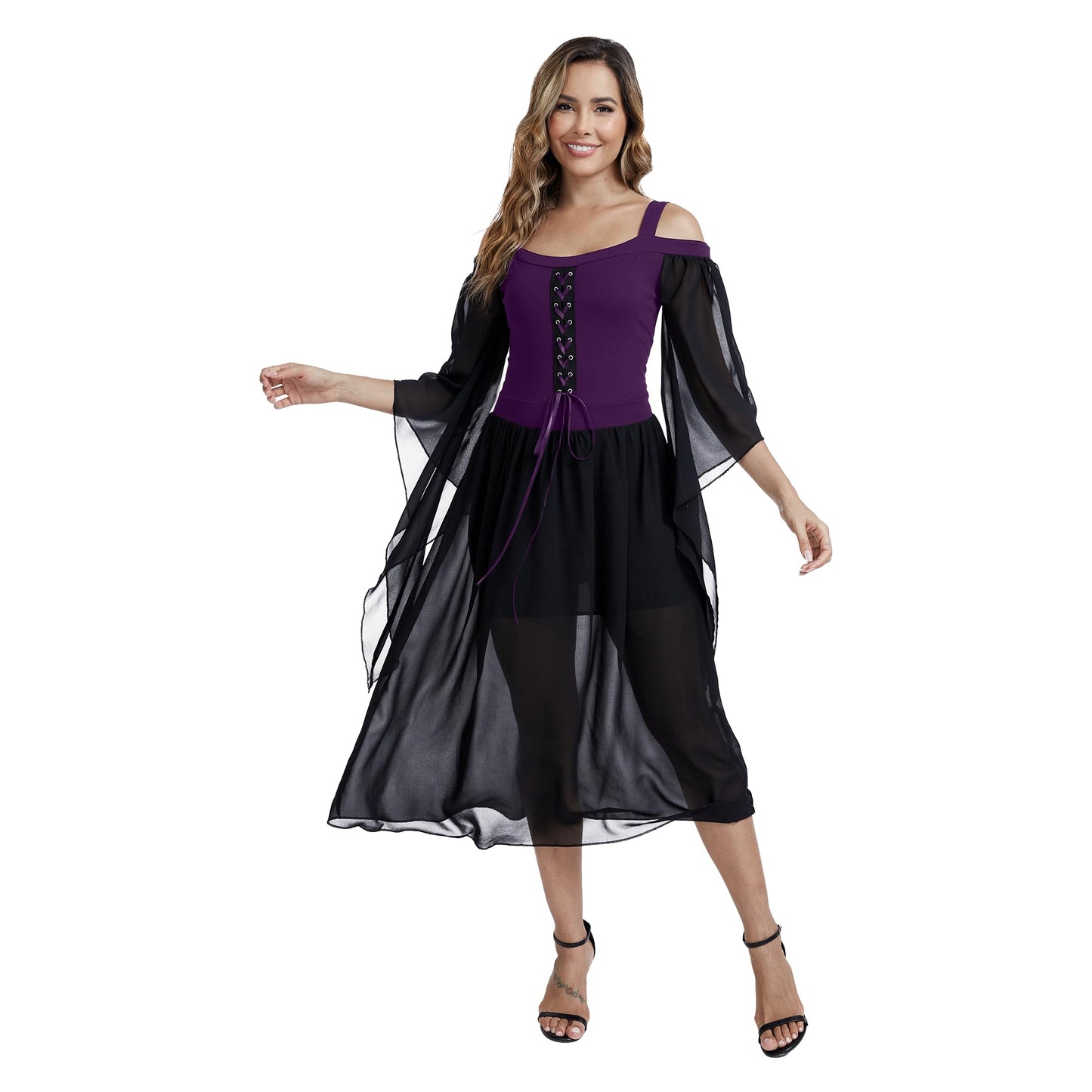 rumnigh Renaissance Gothic Dress for Women Victorian Flare Long Sleeve Sexy Dress Cosplay Party Halloween Costumes for Womens (Purple, Large)