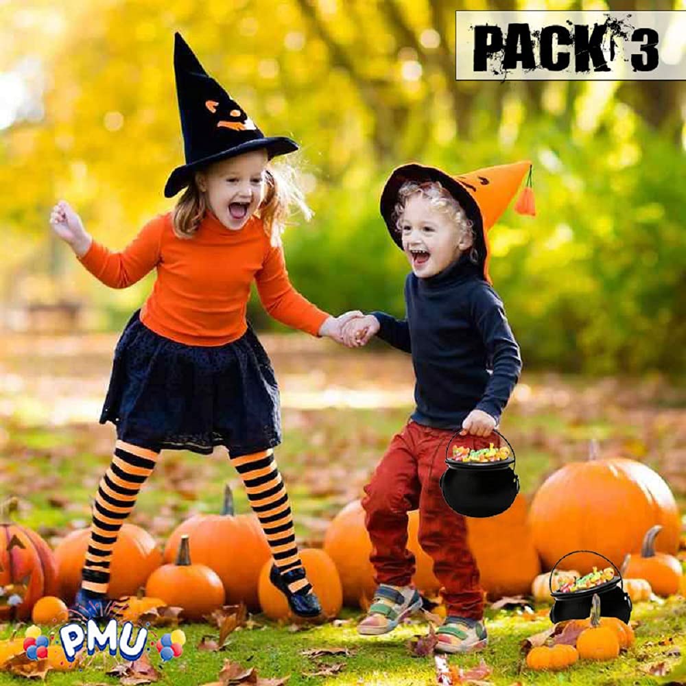 PMU 3pc - 6inch Halloween Cauldron - Blow Mold Plastic Party Accessory - Candy Holder for Kids - Halloween Party Favors & Supplies - Black (3/Pkg)