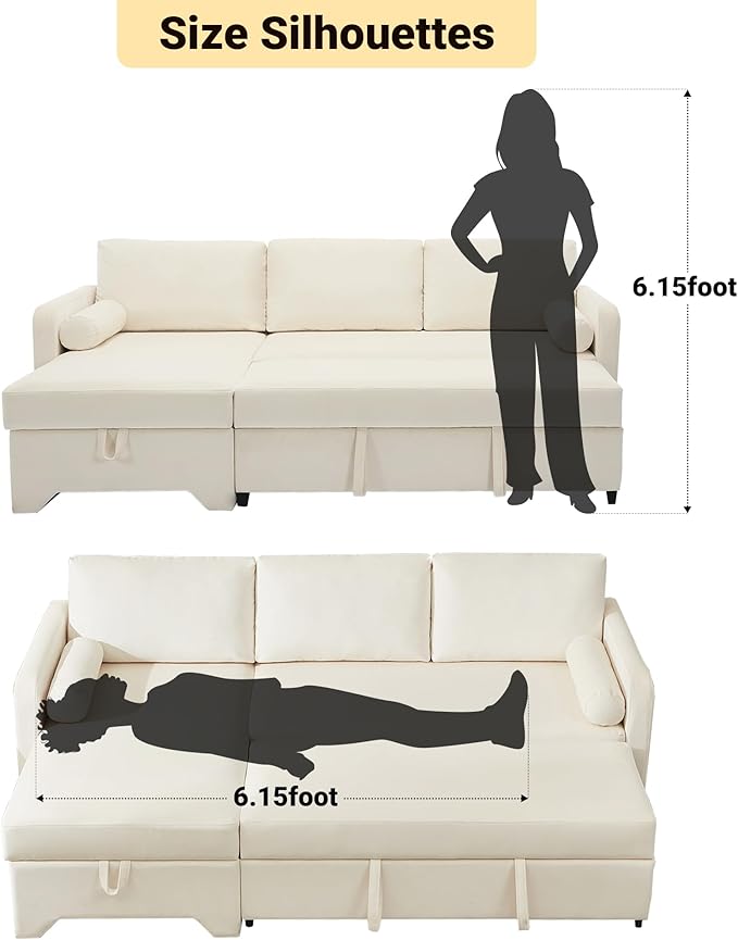 Tbfit 90.6'' 3 in 1 Sleeper Sofa Couch with Storage Chaise, Velvet Sofa Bed with Pull Out Bed, Convertible Sleeper Sofas for Living Room, Small Spaces, White