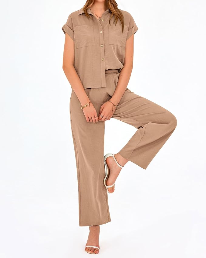 PRETTYGARDEN Womens 2 Piece sets Summer Cap Sleeve Tops Palazzo Pants Dressy Casual Vacation Travel Outfits Tracksuits