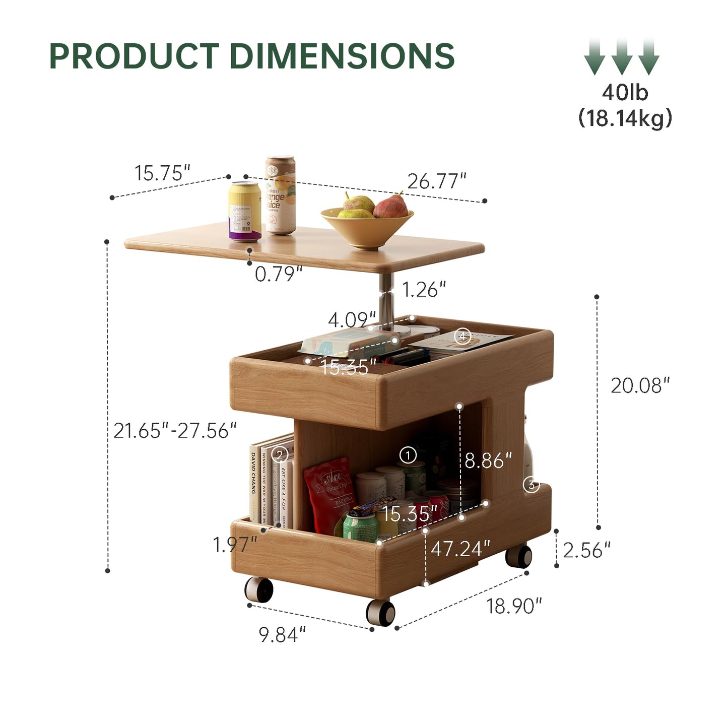 Vadisun 100% Solid Wood Lift Top Coffee Table, Small Bedside Table with Rolling Wheels, Adjustable Side Table for Dining Room, Recliner and Small Places(Natural, Fully Assembled Furniture)