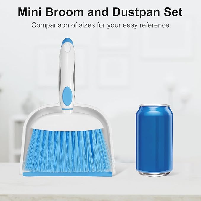 NACENA Small Dust Pan and Brush Set, Mini Broom and Dustpan Set Small Hand Broom and Brush Combo Dust Pan with Teeth for Home Cleaning Drawers Desktop Sofas Pet Care and Outdoor, Dark & Blue