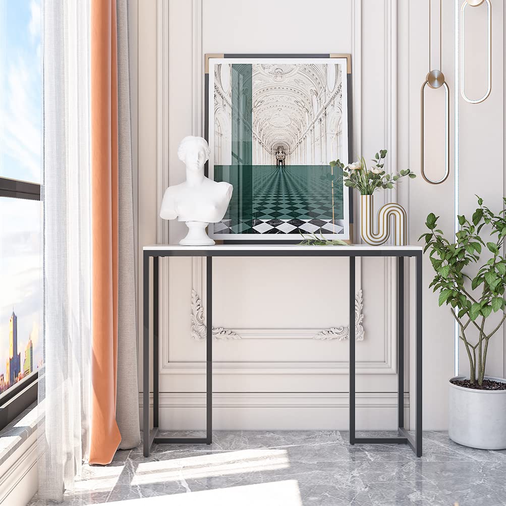 Wisfor Sintered Stone Entryway Table: White Console Table with Black Frame for Hallway - Long Narrow Table Behind Sofa, 39.4x11.8x30.9 inch