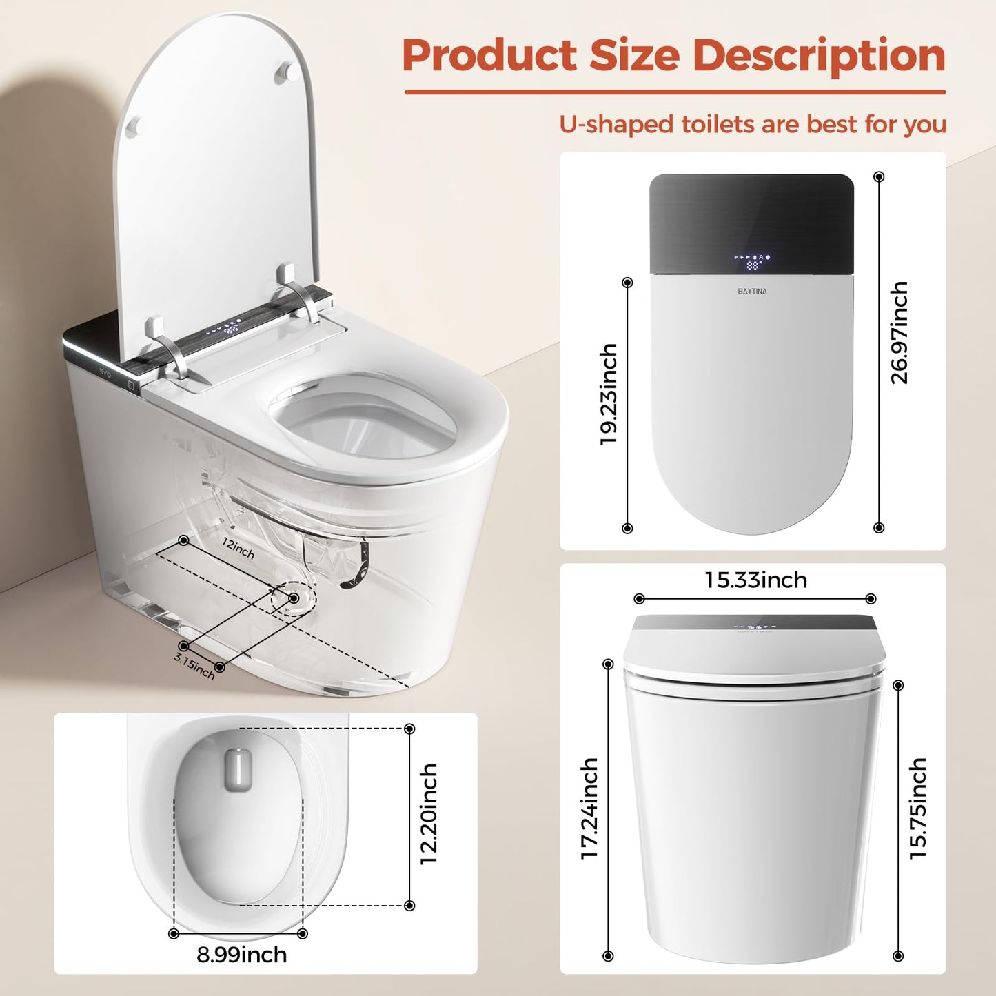 BAYTINA Smart Toilet with Bidet Build in, Heated Seat, Dryer, Night Light, Dual Auto Flush, Foot Sensor, Modern Elongated One-Piece Toilet for Bathrooms