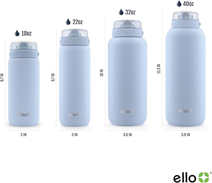 Ello Cooper 32oz Stainless Steel Water Bottle with Straw and Carry Handle, Double Walled and Vacuum Insulated Metal, Leak Proof Locking Lid with Soft Silicone Spout, Reusbale, BPA Free, Halogen Blue