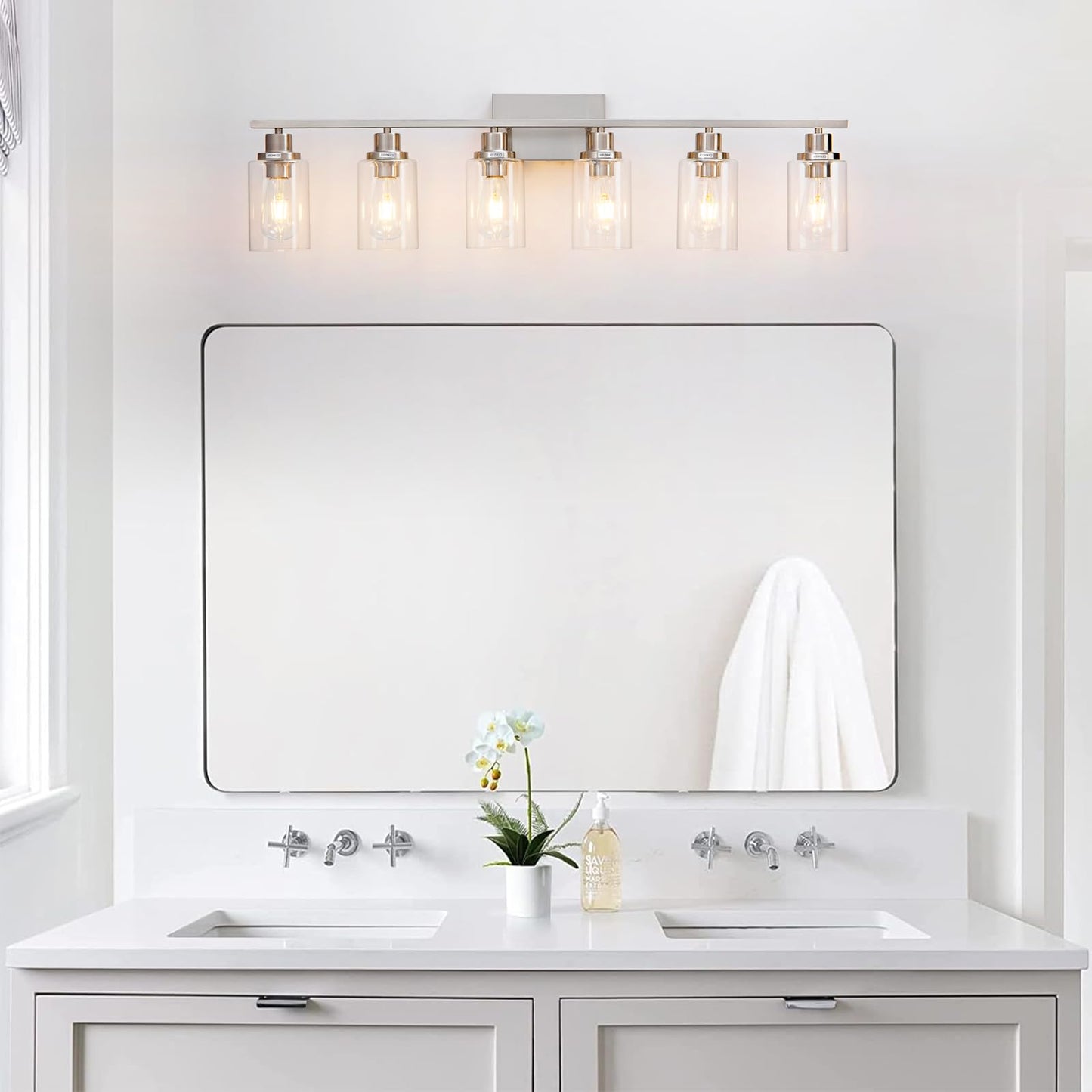 HCCZ 6 Light Bathroom Light Fixtures Brushed Nickel Vanity Light Over Mirror Modern Farmhouse Wall Lighting Sconces Wall Lamp for Bathroom, Bedroom, Living Room E26 Socket with Glass Shade
