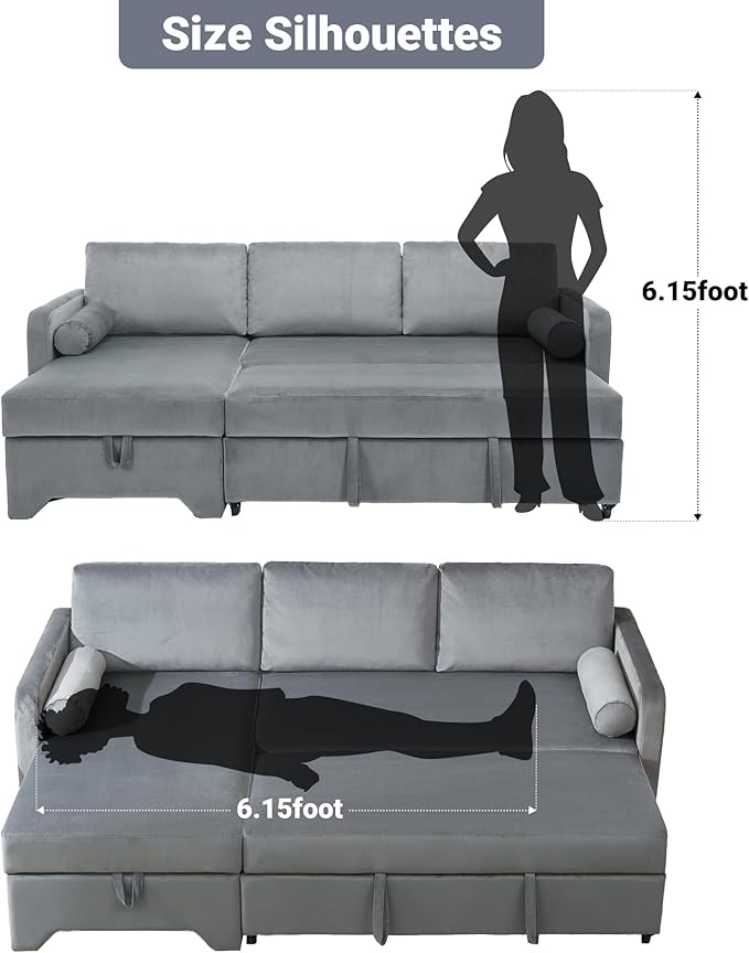 Tbfit 90.6'' 3 in 1 Sleeper Sofa Couch with Storage Chaise, Velvet Sofa Bed with Pull Out Bed, Convertible Sleeper Sofas for Living Room, Small Spaces, Grey